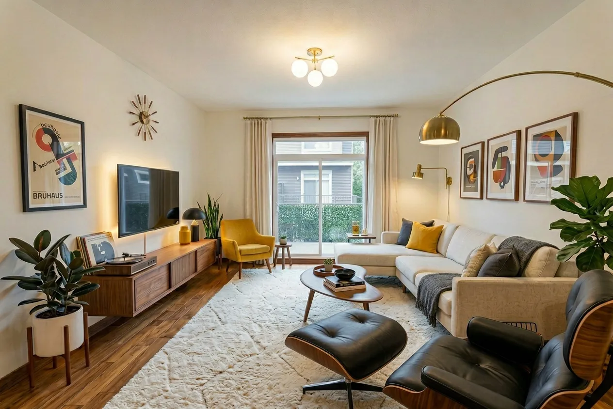 The same living room renovated in the Mid-Century style with the Bold Accent palette