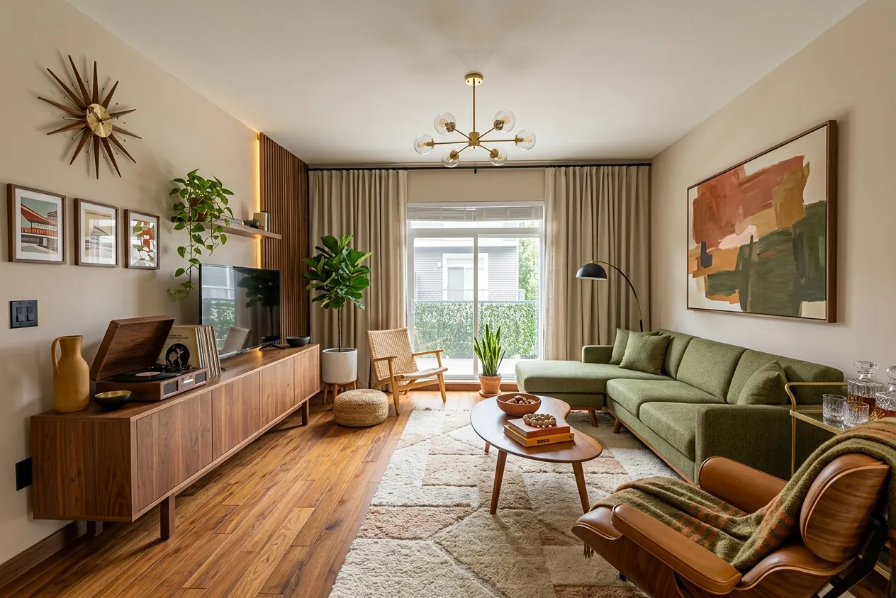 The same living room renovated in the Mid-Century style with the Earth Tones palette
