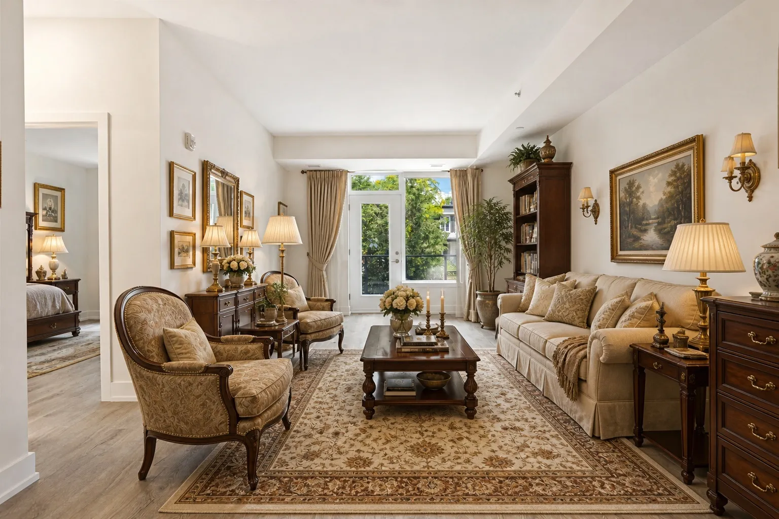 Virtual AI staging in a warm traditional furniture set