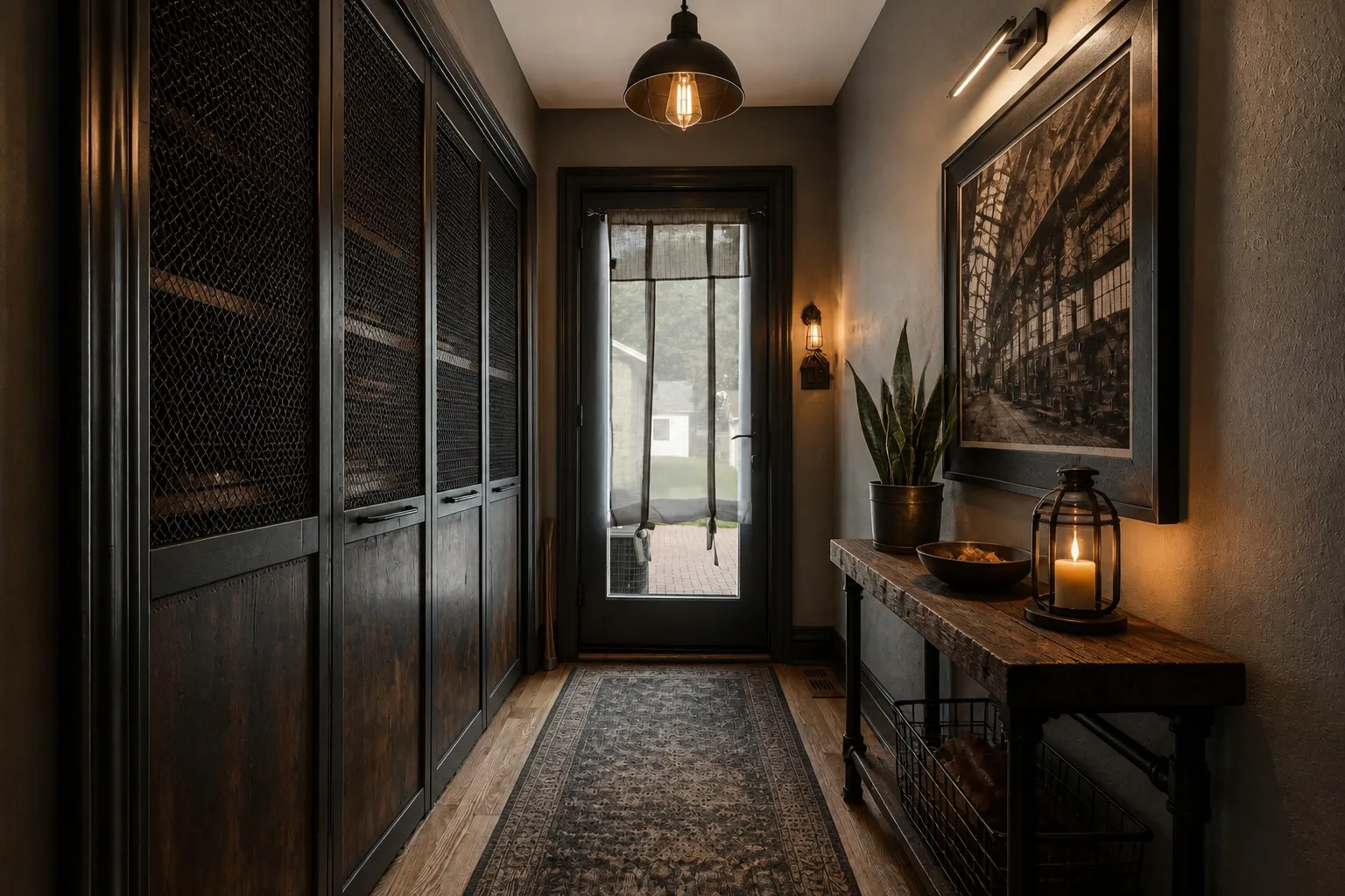 Hallway after AI redesign in Industrial style