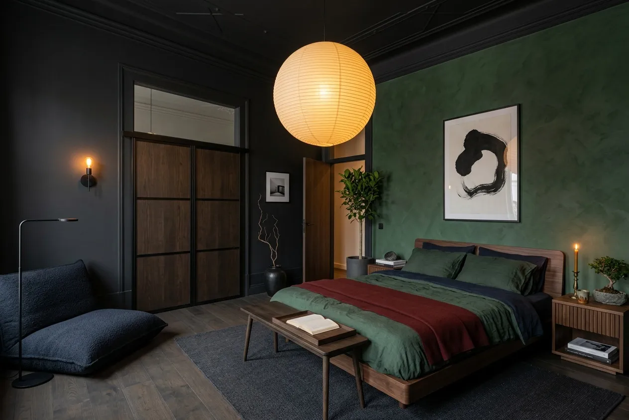 The same bedroom renovated in the Japandi style with the Deep and Dark palette