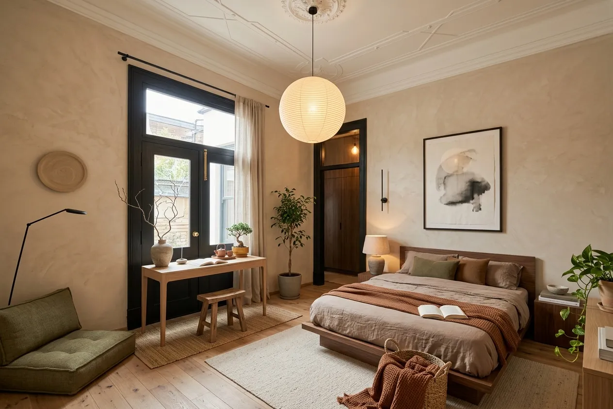 The same bedroom renovated in the Japandi style with the Earth Tones palette
