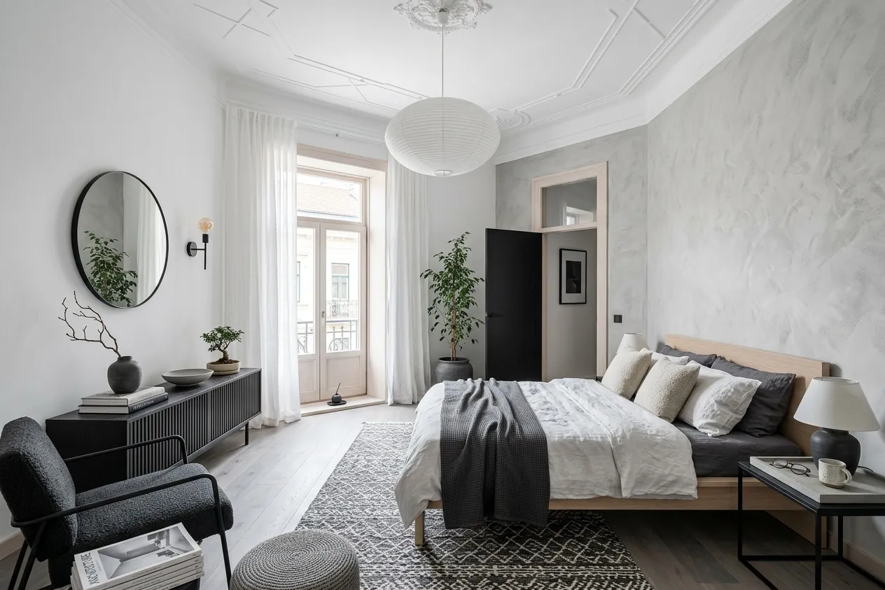 The same bedroom renovated in the Japandi style with the Monochrome palette