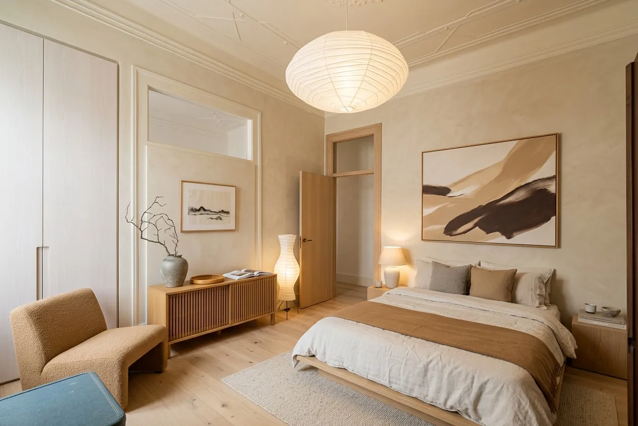 Bedroom renovated in the Japandi style with the Warm Neutrals palette