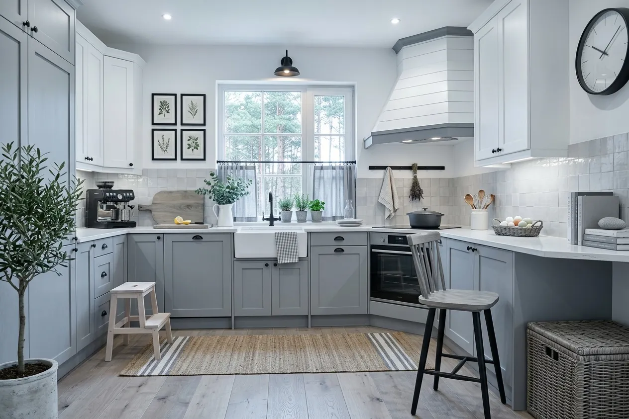 The same kitchen renovated in the Farmhouse style with the Cool Neutrals palette