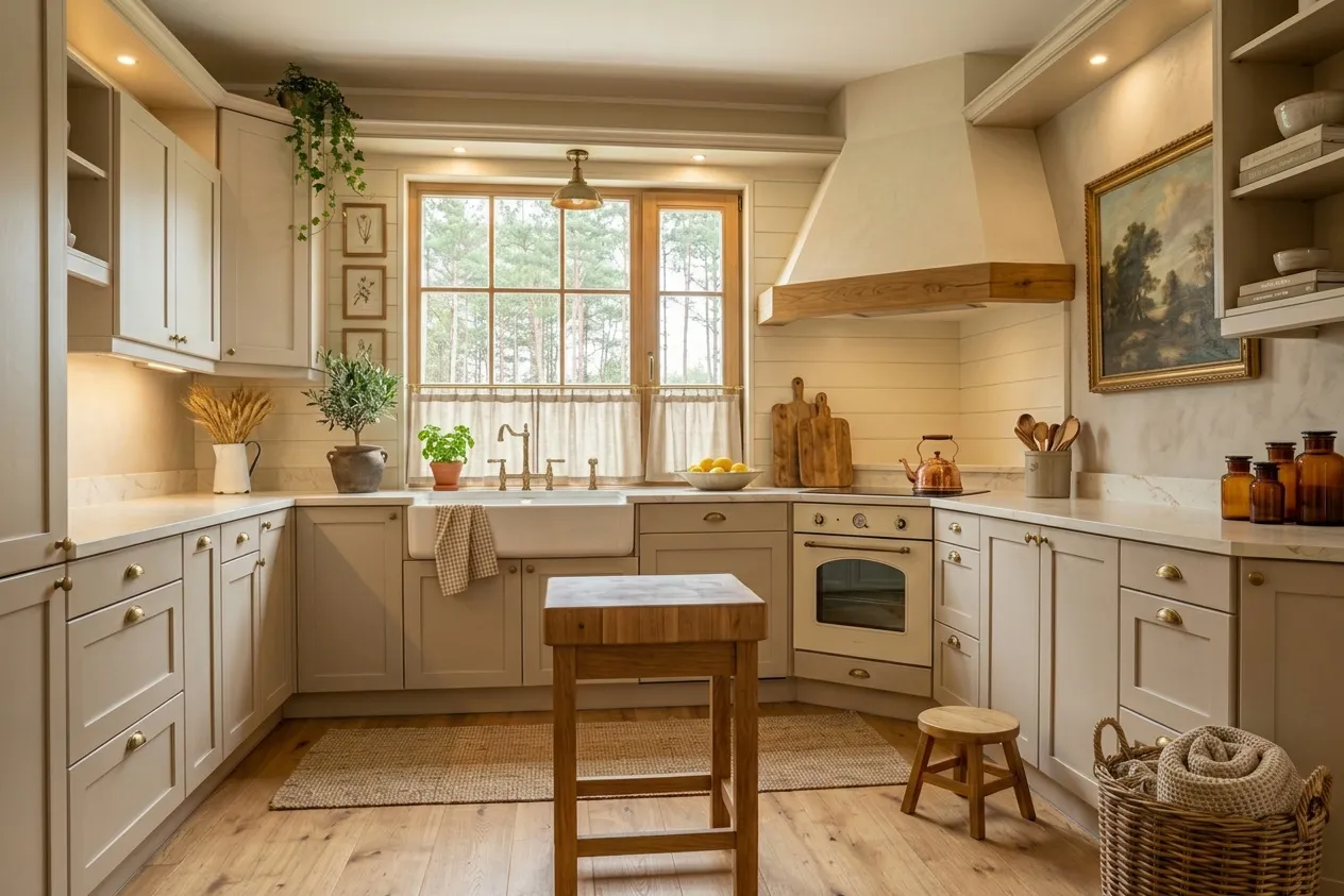 Kitchen renovated in the Farmhouse style with the Warm Neutrals palette