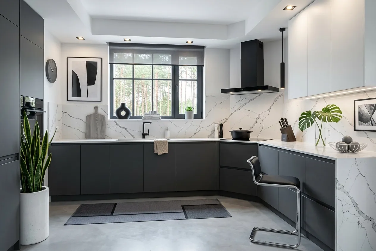 Dated cherry-wood kitchen renovated in the Modern style, same window and layout