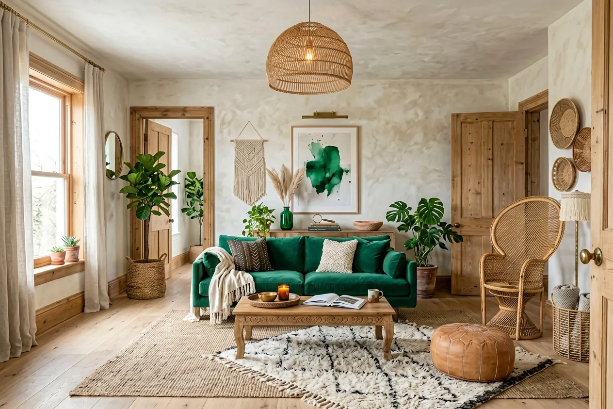 The same living room renovated in the Bohemian style with the Bold Accent palette