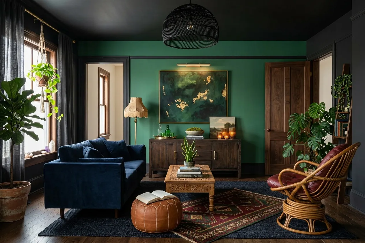 The same living room renovated in the Bohemian style with the Deep and Dark palette