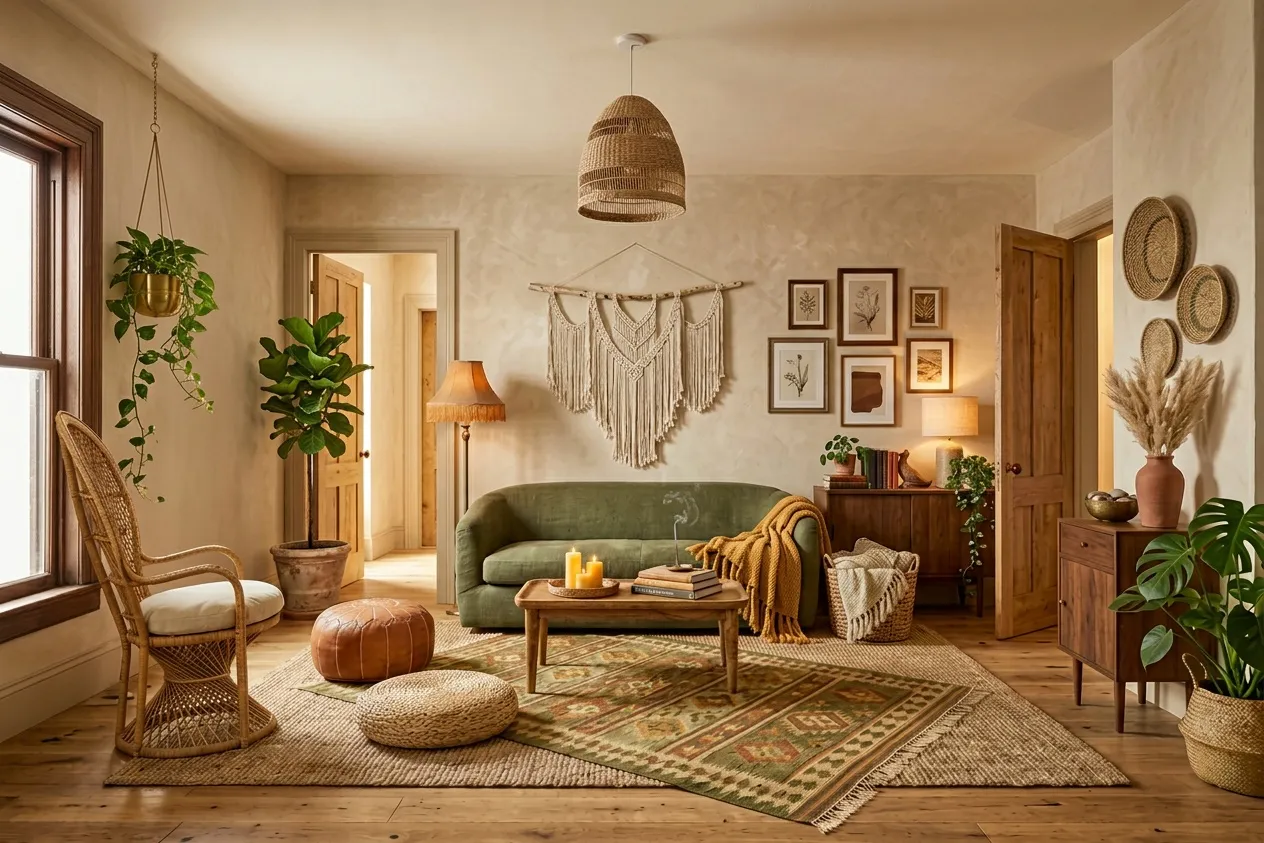 The same room renovated by AI in the Bohemian style