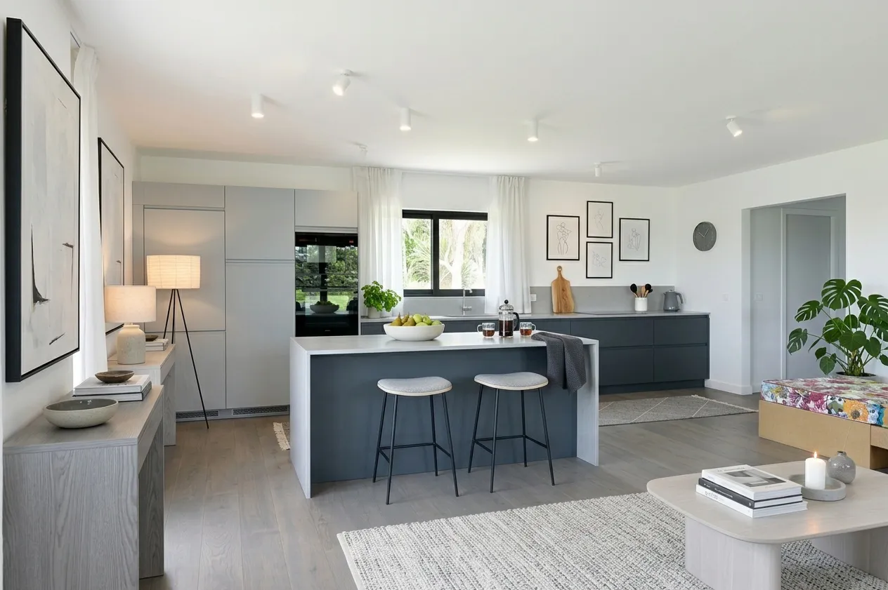 The same kitchen renovated in the Scandinavian style with the Cool Neutrals palette