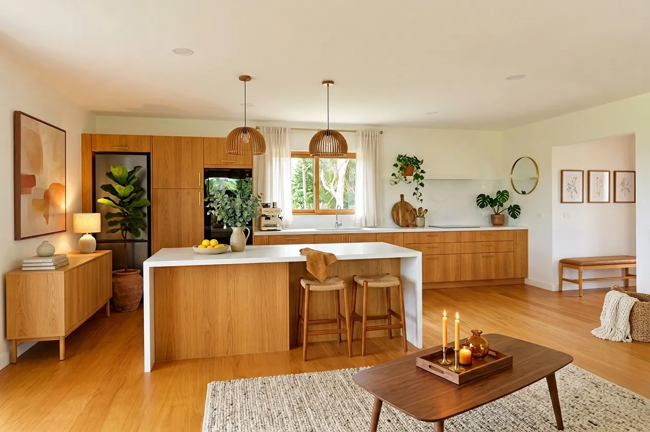 The same kitchen renovated in the Scandinavian style with the Warm Woods palette